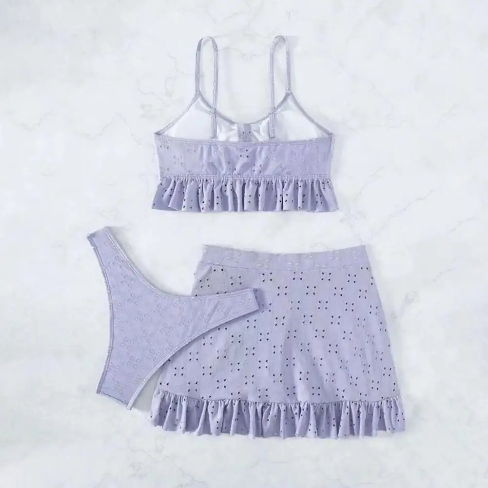 

Sling Bra Solid Color Cover Up Skirt Set Stylish Three-piece Bikini Set for Women Ruffle Hem Sling Bra High Waist for Summer