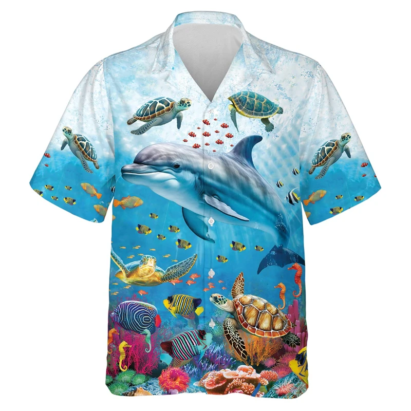 

Harajuku Fashion Dolphin Graphic Shirts For Men Clothes Casual Hawaiian Beach Shirt Aloha Cartoon Ocean Animal Blouses Lapel Top