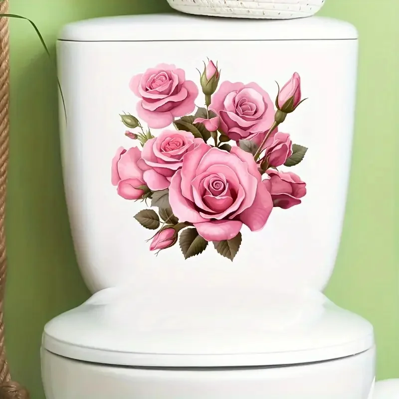 Waterproof Pink Roses Bouquet Creative Decal Reusable PVC Sticker for Toilet Lid Bathroom Decor toilet stickers toilet wall stickers toilet seat stickers
