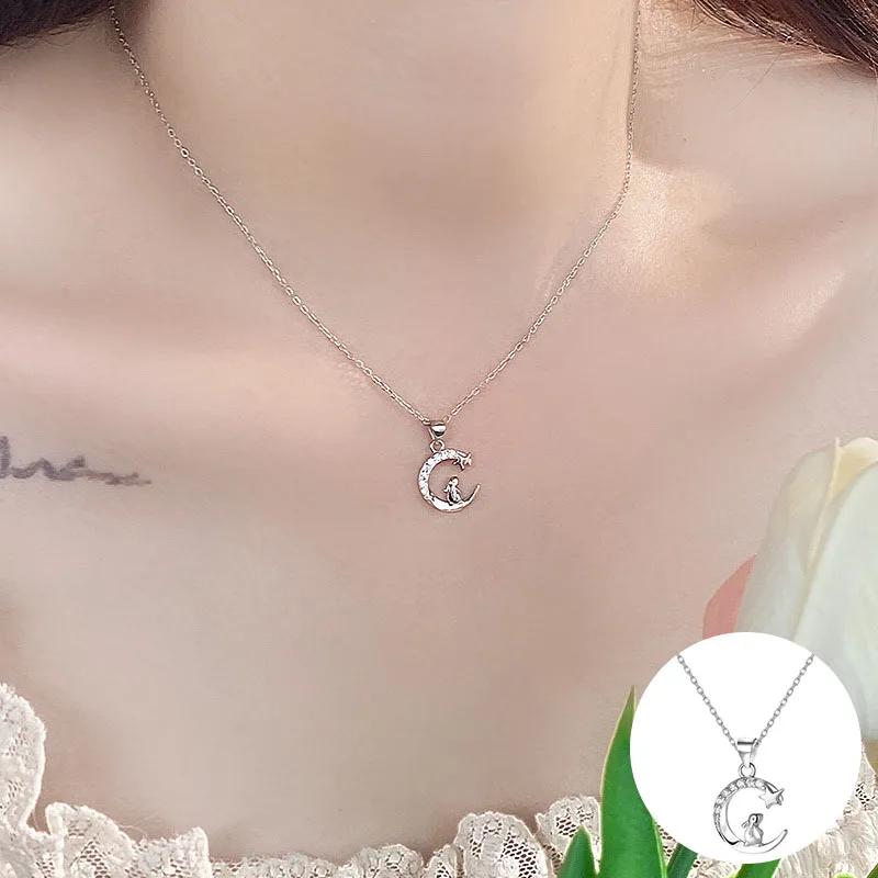 

100% 925 Sterling Silver Zircon Moon Star Necklace for Women Girl Fashion The Jade Hare Design Jewelry Party Gift Dropshipping
