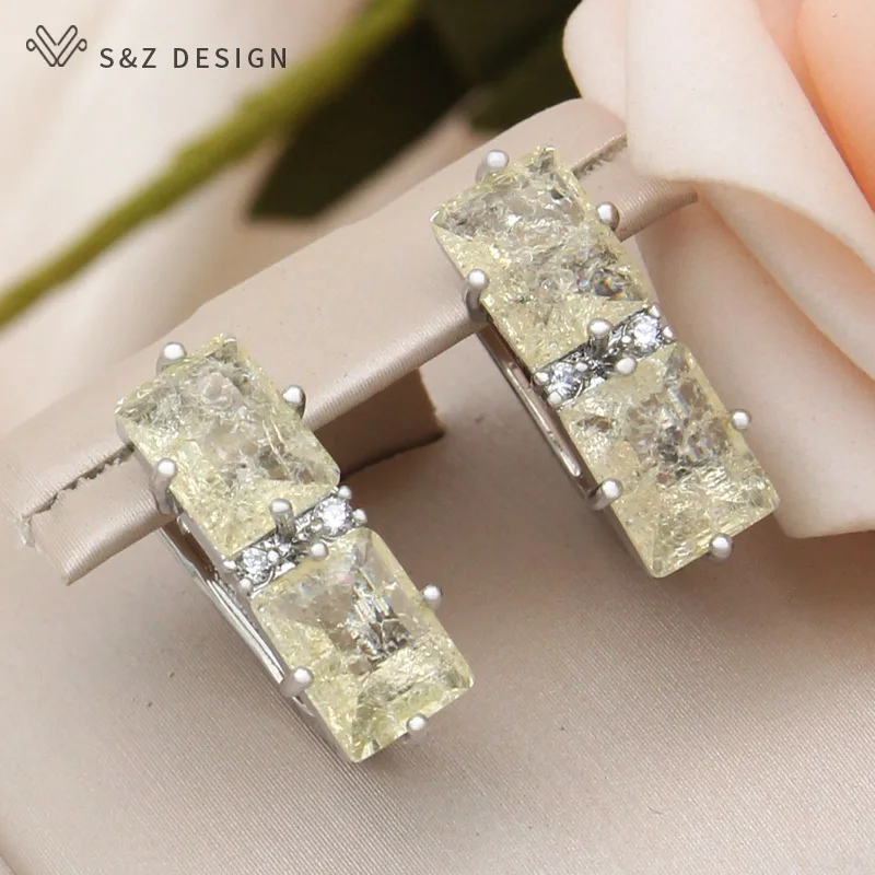 S&Z DESIGN New Fashion 585 Rose Gold Color Rectangle Ice Crack Crystal Drop Earring For Women Wedding Cubic Zirconia Jewelry
