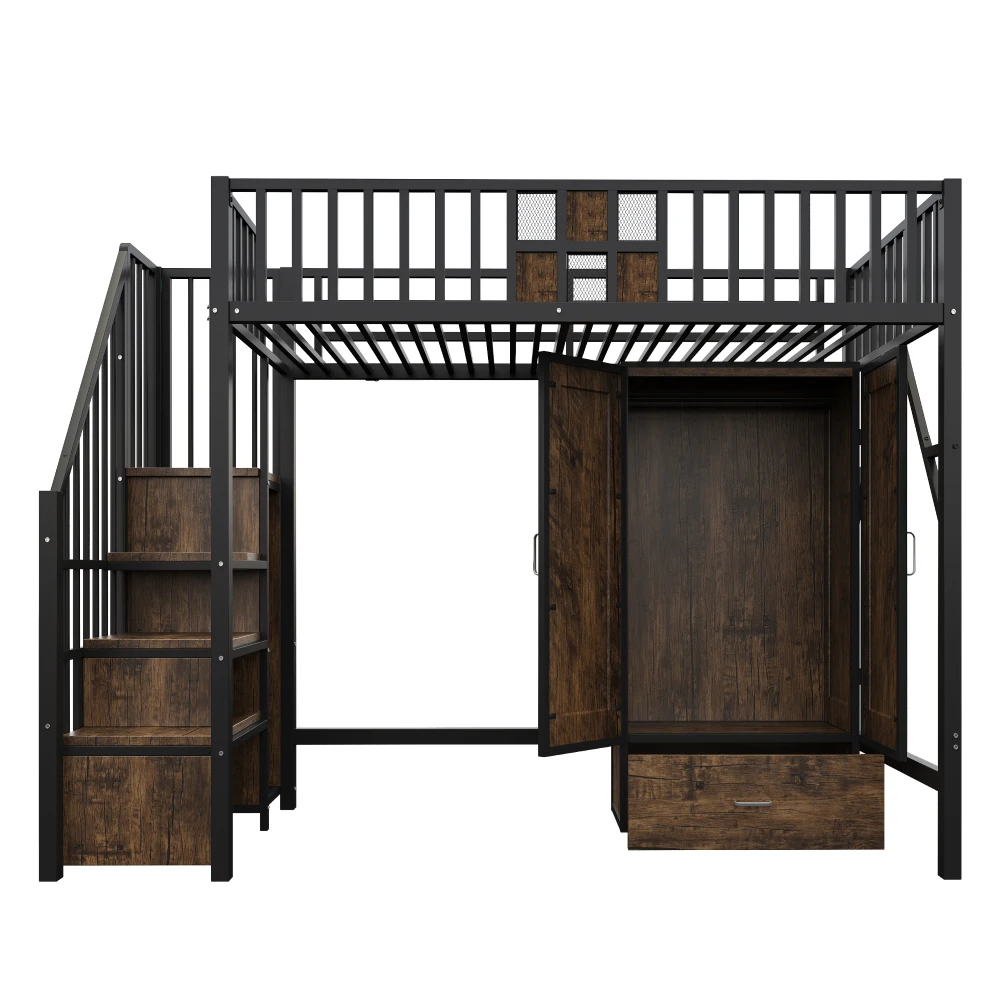 90 × 200 cm großes Kinderbett aus Metall, mit Geländer und großem Kleiderschrank, aus Holz und Metallgitter, mit Schubladen und Aufbewahrungsleiter – Detail 16