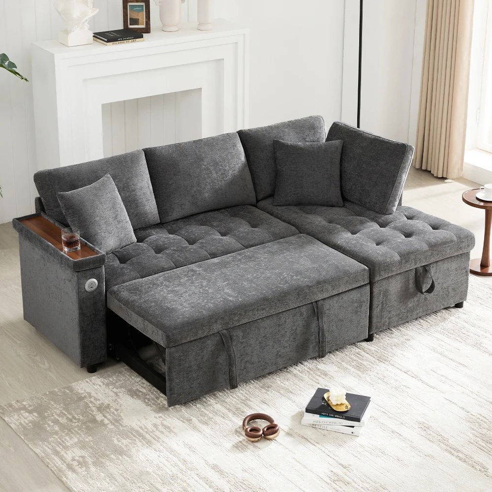 Wohnzimmer L-förmiges Sofa mit Ausziehbett, Ausgestattet mit Stauraum, USB-Ladegerät, Armlehnen-Stauraum und 2 Kissen – Detail 25