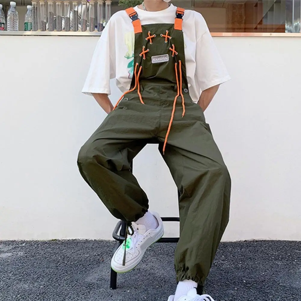 

Hot！Men Jumpsuit Vintage Loose Suspenders Pocket Solid Color Dress-up Drawstring Sleeveless Hip Hop Men Pants Male Clothes