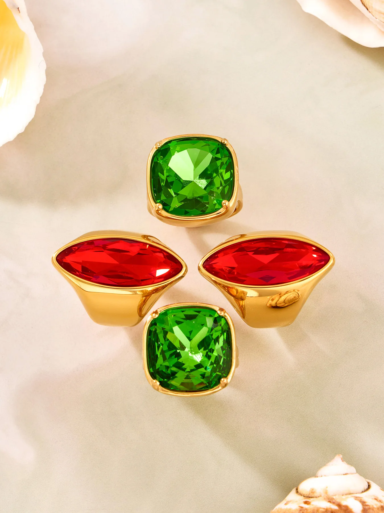 Ovale, quadratische Edelstahlringe für Damen, 18 Karat vergoldet, mit farbigem, funkelndem Glasstein, luxuriöse Cocktailringe – Detail 13