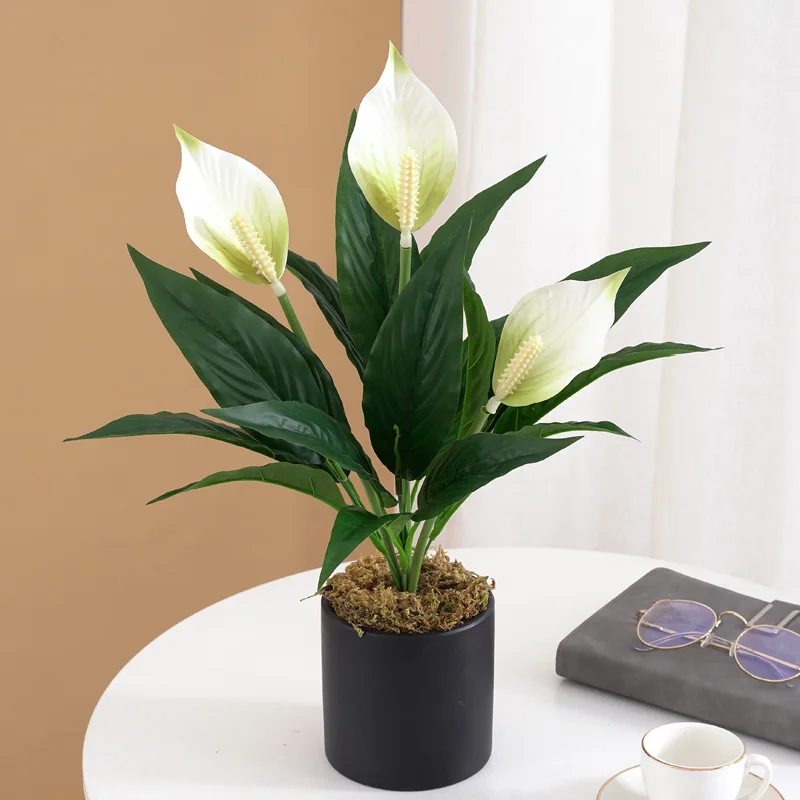 Yannew 4 Stück künstliche Blumen Spathiphyllum für den Außenbereich, UV-beständige Seidenpflanzen, Grün, Bonsai, Garten, Veranda, Heimdekoration – Detail 3