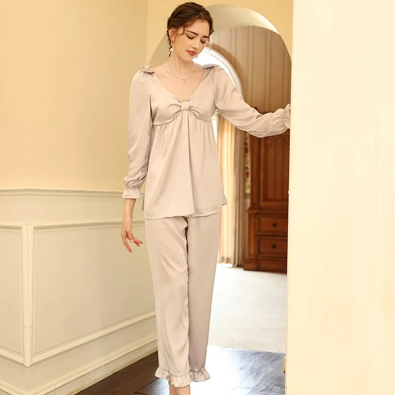 Women 2 Piece Pajamas Sets Print Pijama Faux Silk Satin V-Neck Pyjama Female Sleepwear Long Sleeve Bow Top Pants Suit Homewear