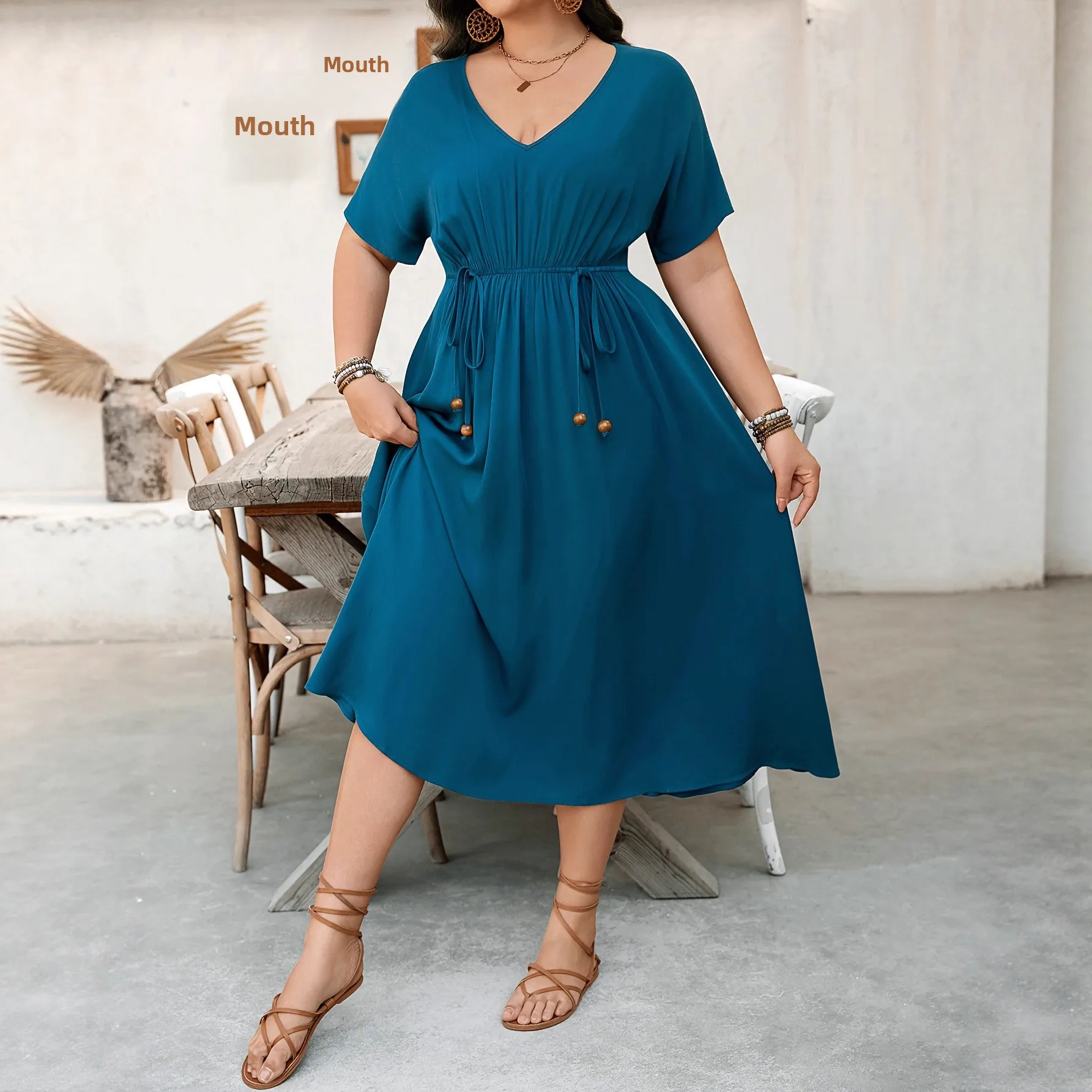 Plus Size Elegant V-neck Short Sleeve plus Size Dress Slimming Waistline Fashionable Women's Clothing Cross-Border Large Size... - Image 2