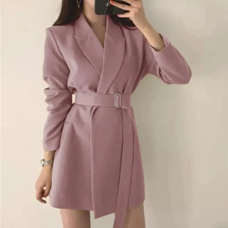Spring Autumn Women's Long Blazers Dress Jacket with Belt Notched Outerwear Office Lady Coat England Style Cardigan Blazer Women yellow pant suit Suits & Blazers