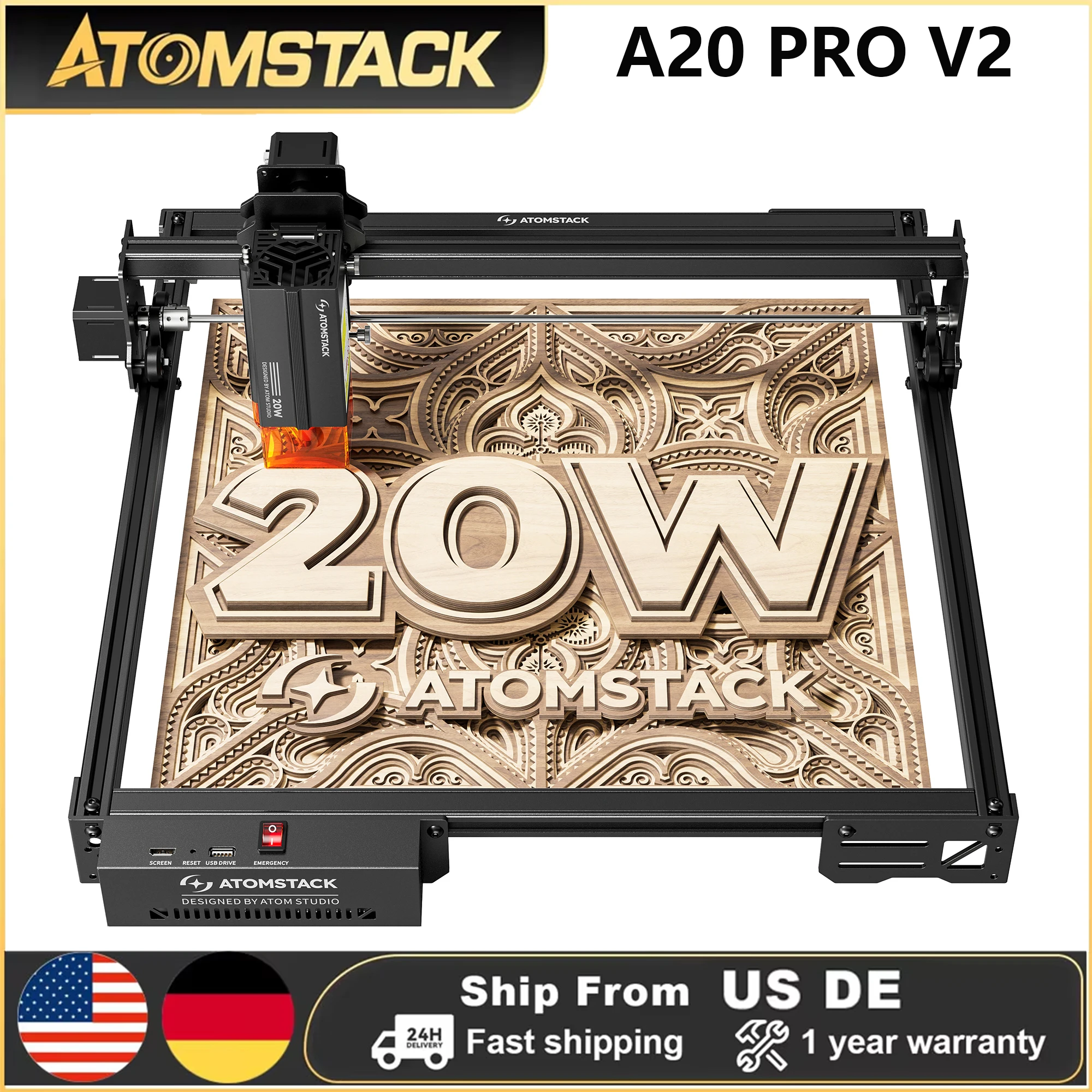 Atomstack A20 プロ V2 レーザー彫刻機マシン 20 ワットクアッドレーザーカッター金属非環式木材ガラス 400*365 ミリメートル
