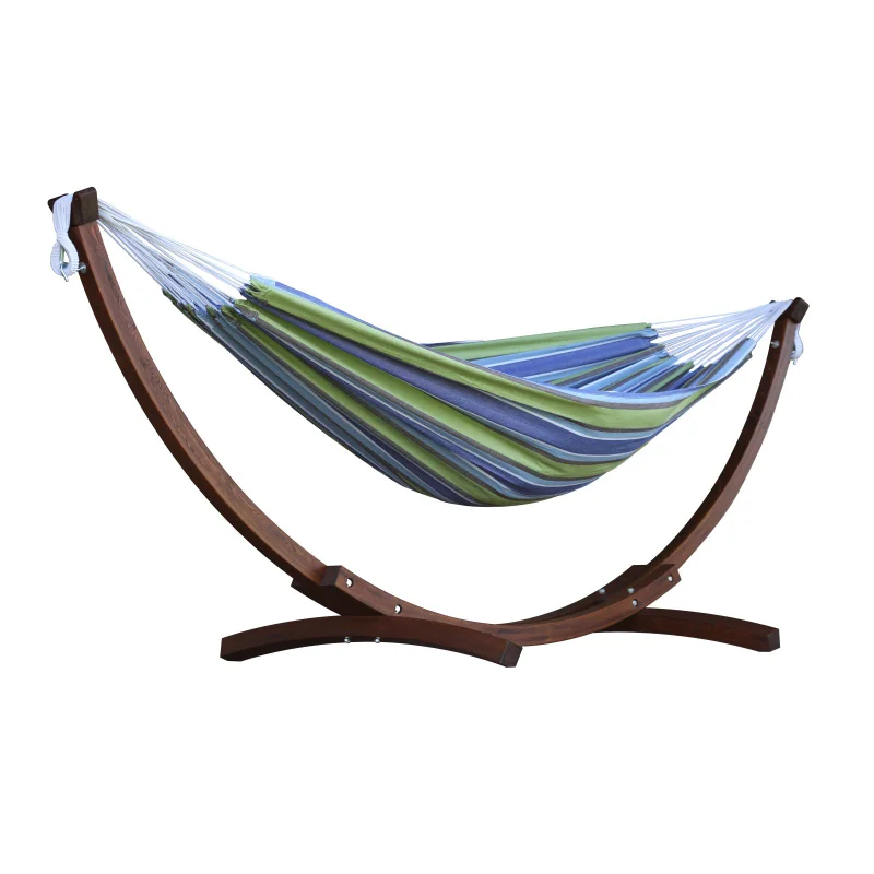 Vivere Double Cotton Hammock with Solid Pine Arc Stand Blue 102" L X 47" W Swing Chair Outdoor Camping Outdoor Furniture 4