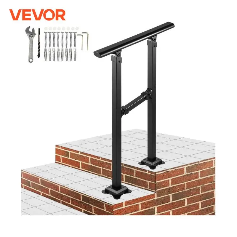VEVOR Iron Handrail Stair Railing Hand Rail Kit 0/1 to 2/3/4 Steps Outdoor Black w/ Bars Building & Hardware Home Improvement
