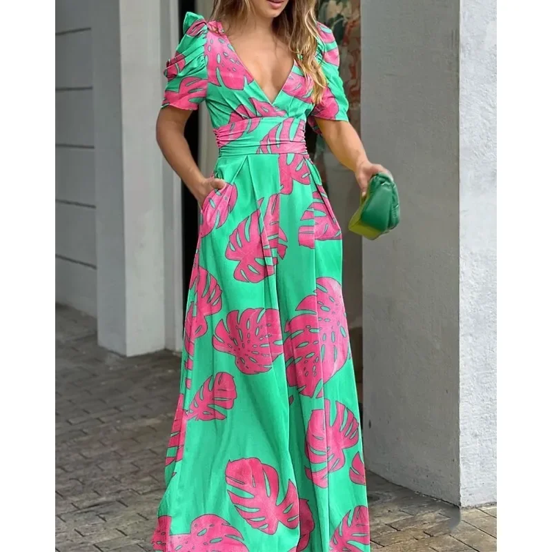 

Sexy Women Summer Puff Sleeves Print Leaf Holiday Jumpsuits Wide Leg Long Pants Boho Playsuit Rompers Fashion Streetwear 2023