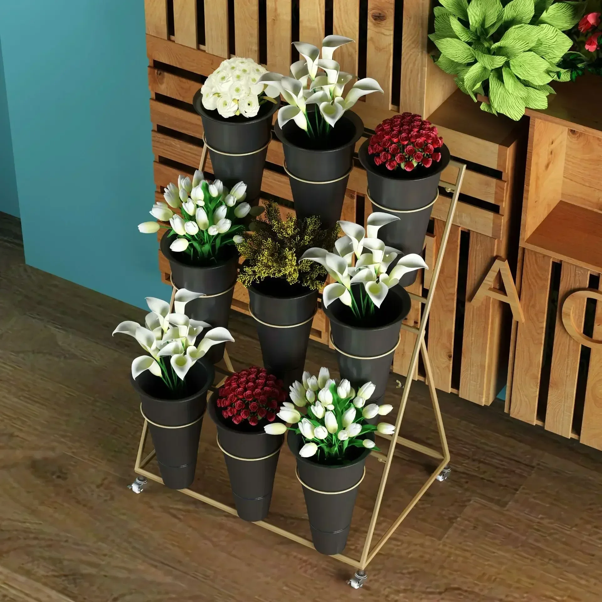 Multi-tier Flower Display Rack,Large Removable Display Stand with Plastic Bucket, Black Gold Flower Shop Iron Wedding Visualizer