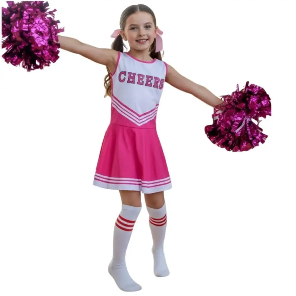 Football Cheerleading Costume for Girl Pink Black One Piece Dress With Socks and Hand Flowers Cheer Dance Stage Performance