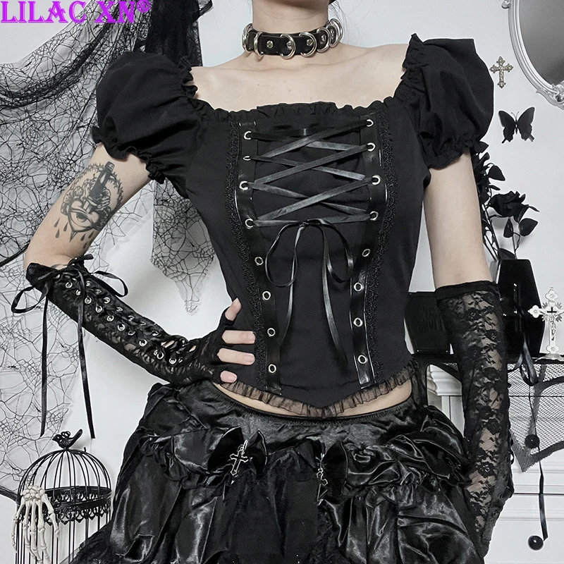 トップス lolita gothic y2k vintage grunge Y2K Vintage Gothic Graphic Long Sleeve Shirts for Women Teen