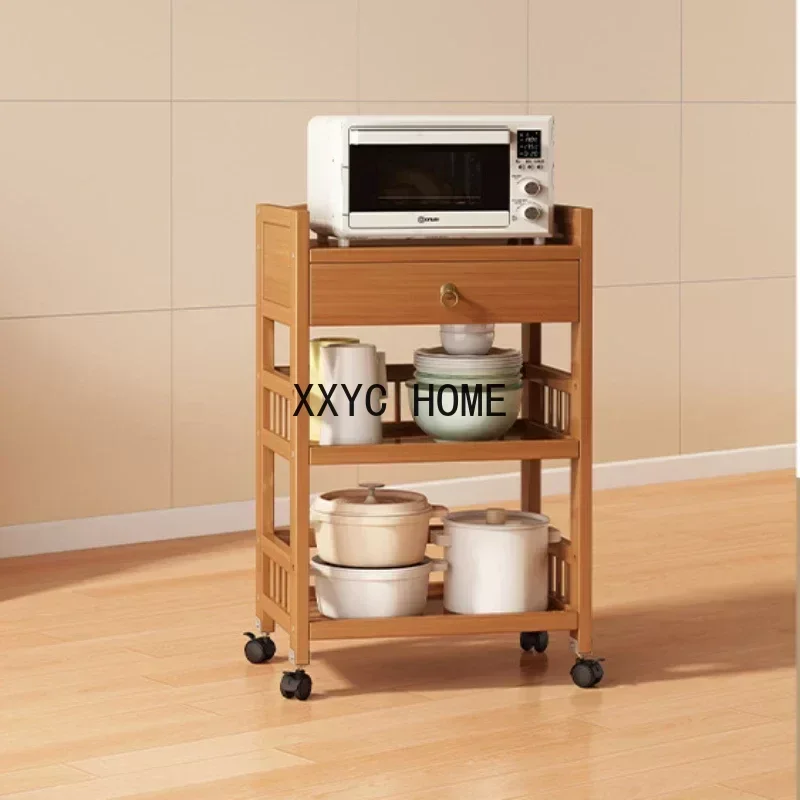 Multi-functional Storage Cart Multilayer Drawer Microwave Oven Rack Natural Bamboo Storage Rack Mobile Pulley Kitchen Furniture