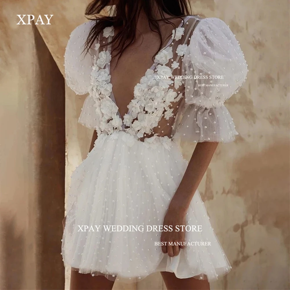 

XPAY Princess Pearls Flowers A Line Short Wedding Dresses Backless Half Sleeves V Neck Mini V Neck Civil Bride Gowns Prom Dress