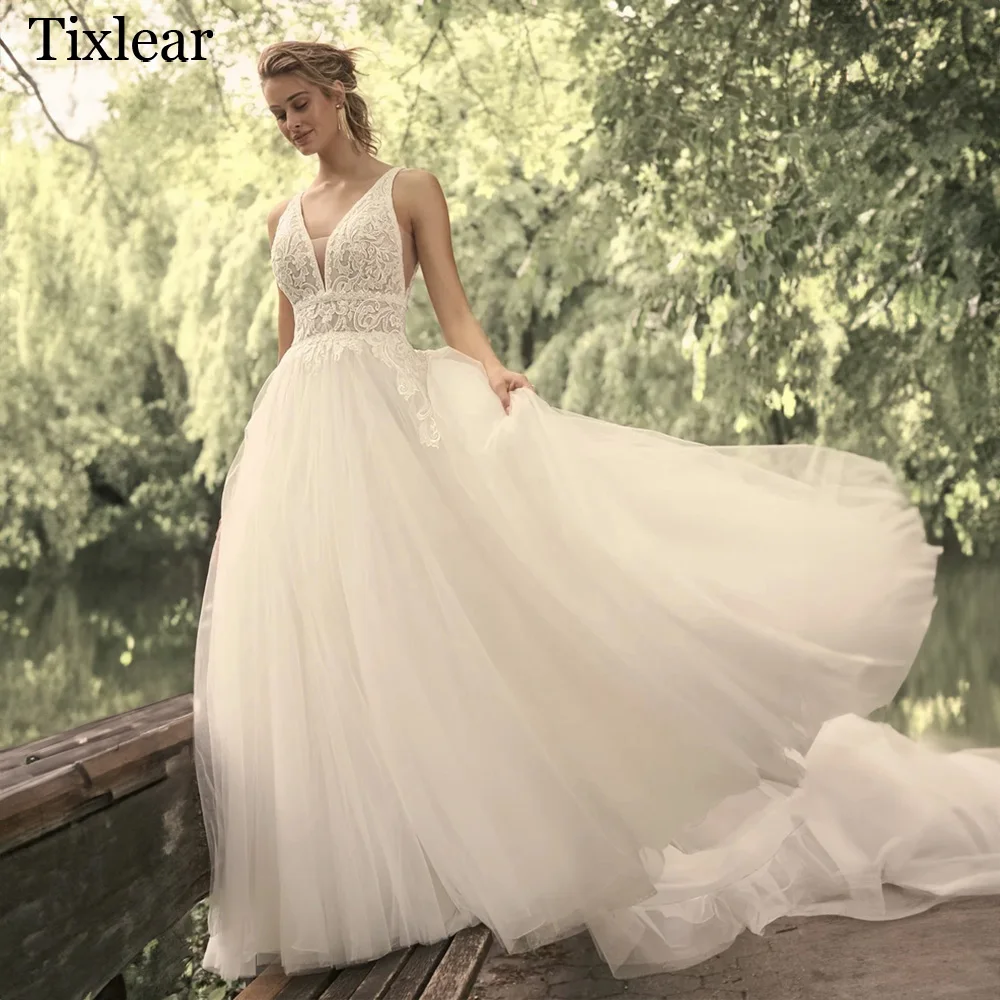 

Женское свадебное платье-трапеция TIXLEAR, очаровательное Тюлевое кружевное платье со шлейфом и открытой спиной, классическое платье с V-образным вырезом