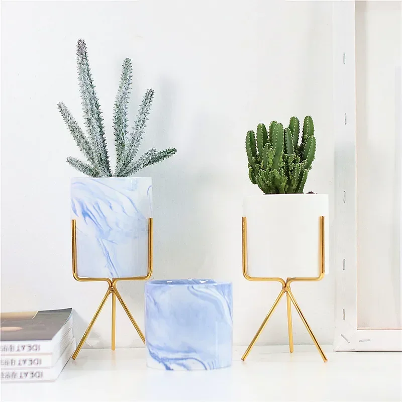 Nordic Ceramic Iron Art Marble Vase Pattern Rose Gold Green Table Plant Pot For Home Office Vases Decor Succulent Flower Pot 6