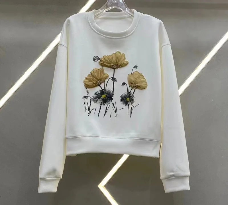 

Top Quality New Sweatshirts 2023 Autumn Winter Outfits Women Flower Beading Deco Casual White Black Purple Coffee Tops Outwear