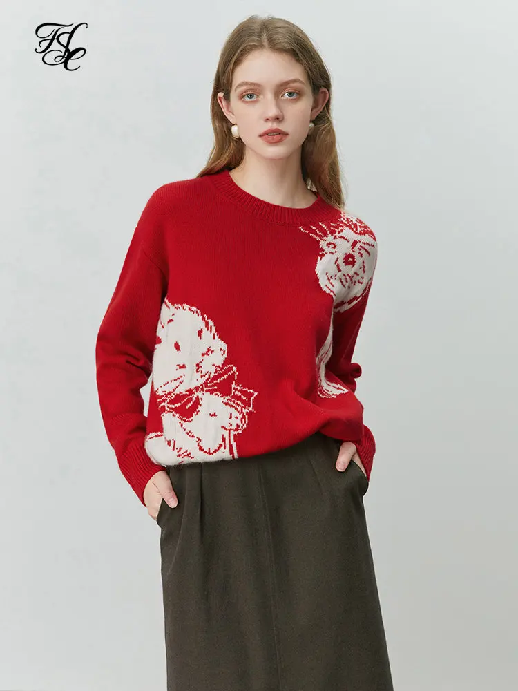 

FSLE 29.8% Wool Women Round Neck Casual Rabbit Print Red Sweaters 2022 Winter New Drop Sleeve Women Warm Pullover Sweater