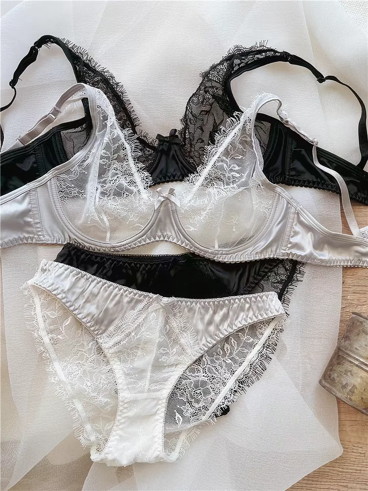 

Sexy girl bra set ultra-thin lace sexy transparent lingerie set spring mesh small chest deep V gathered bra for women large size