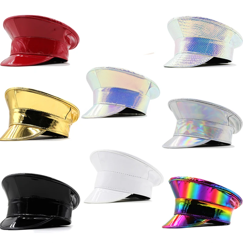 Unisex PU Leather Rainbow Laser Patent Leather Military Hat Captain Cap Prom Performance Bar Cosplay Show Cool Hat Beret Cap