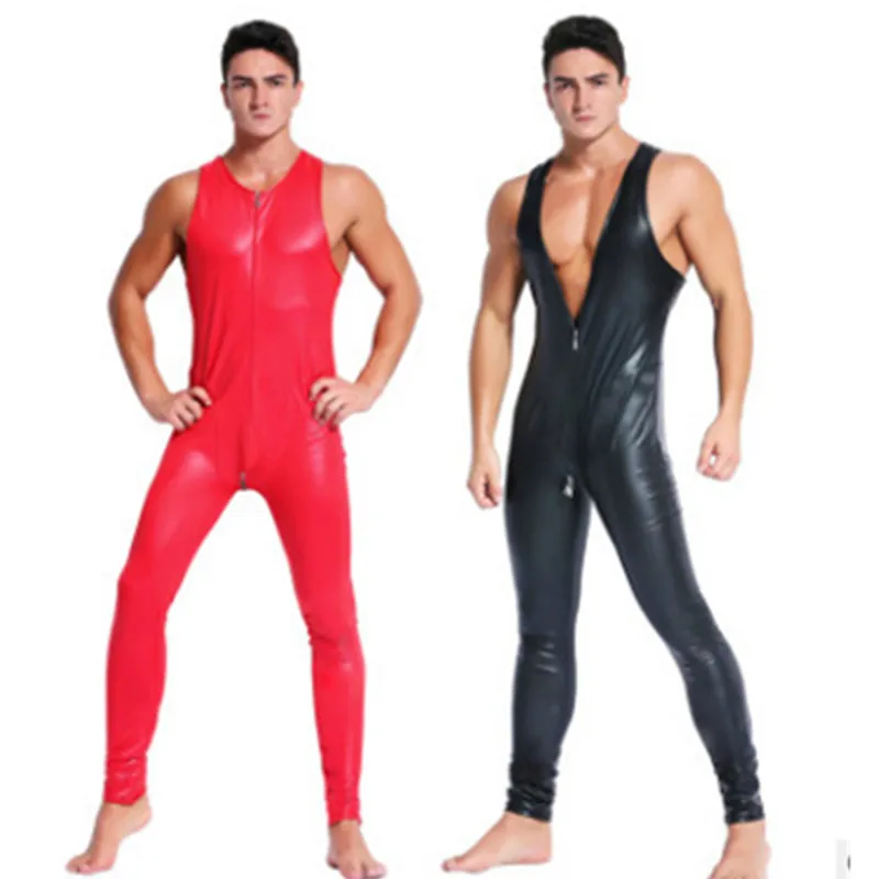 

Sexy Male's Wetlook Faux Leather Zipper Open Crotch Bodysuit Jumpsuit Men Latex Zentai Fetish Erotic Lingerie Clubwear