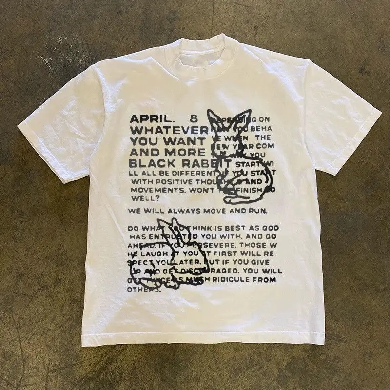 

European and American retro two little black rabbit letter printing short-sleeved men and women couples loose design niche top