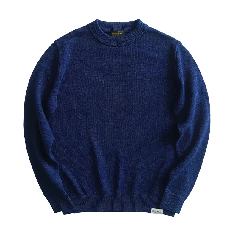 Sauce Zhan Mens Sweater Pullovers Sweater for Man Cotton Indigo Fadeable Knitted Sweater  Regular Fit 5