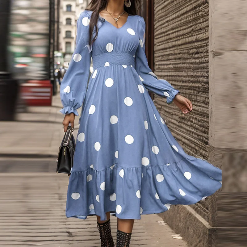 

Fashion V Neck Polka Dot Commute Dress Spring Temperament High Waist Pleated Party Dress New Lady Long Sleeve Holiday Maxi Dress