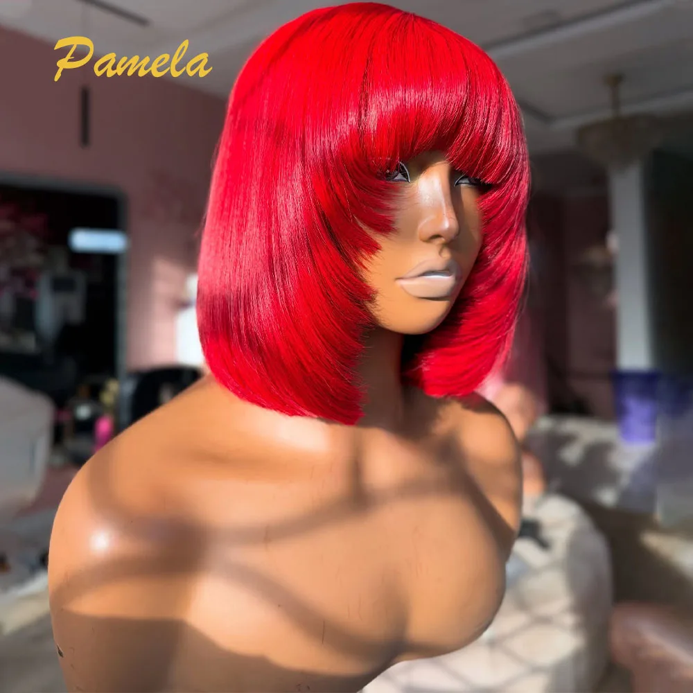 400 Density Short Straight Bob Red Color Human Hair Wig 13x4 Transparent Lace Front Human Hair Gluless Wig Ready To Wear