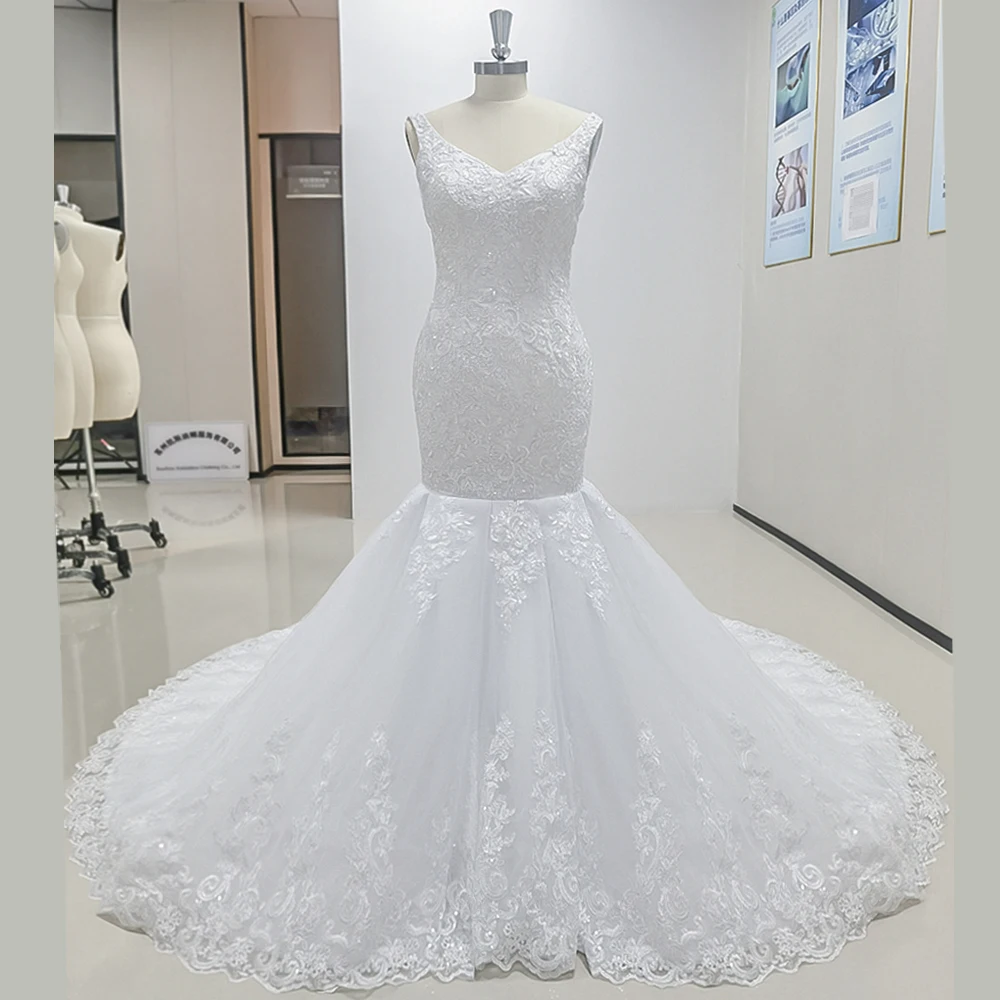 

Белое свадебное платье с аппликацией, элегантное платье до пола с V-образным вырезом без рукавов, блестками и юбкой-годе, шикарные платья для невесты со шлейфом