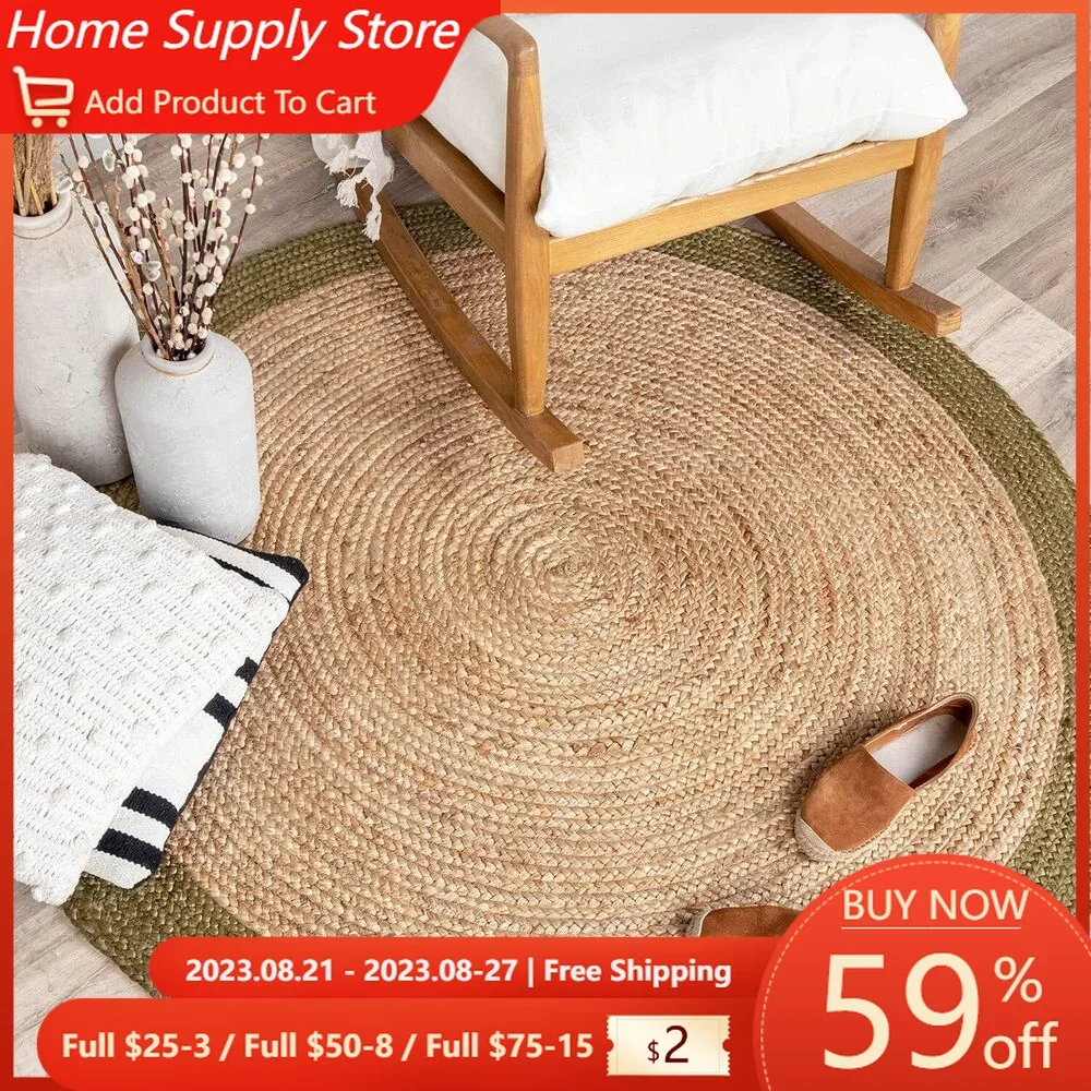 

Jute Rug Round Carpet Green Edge Hand Braided Natural Farmhouse Area Rug Living Room Hallway Floor Mat Home Bedroom Decor