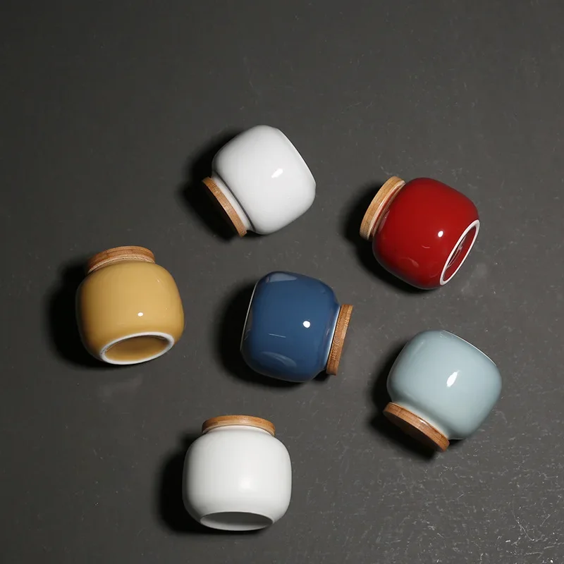 Solid Color Ceramic Tea Can with Bamboo Lid Portable Travel Storage Box Sealed Coffee Candy Jar Decoration Mini Jar Home Decor ceramic storage jar