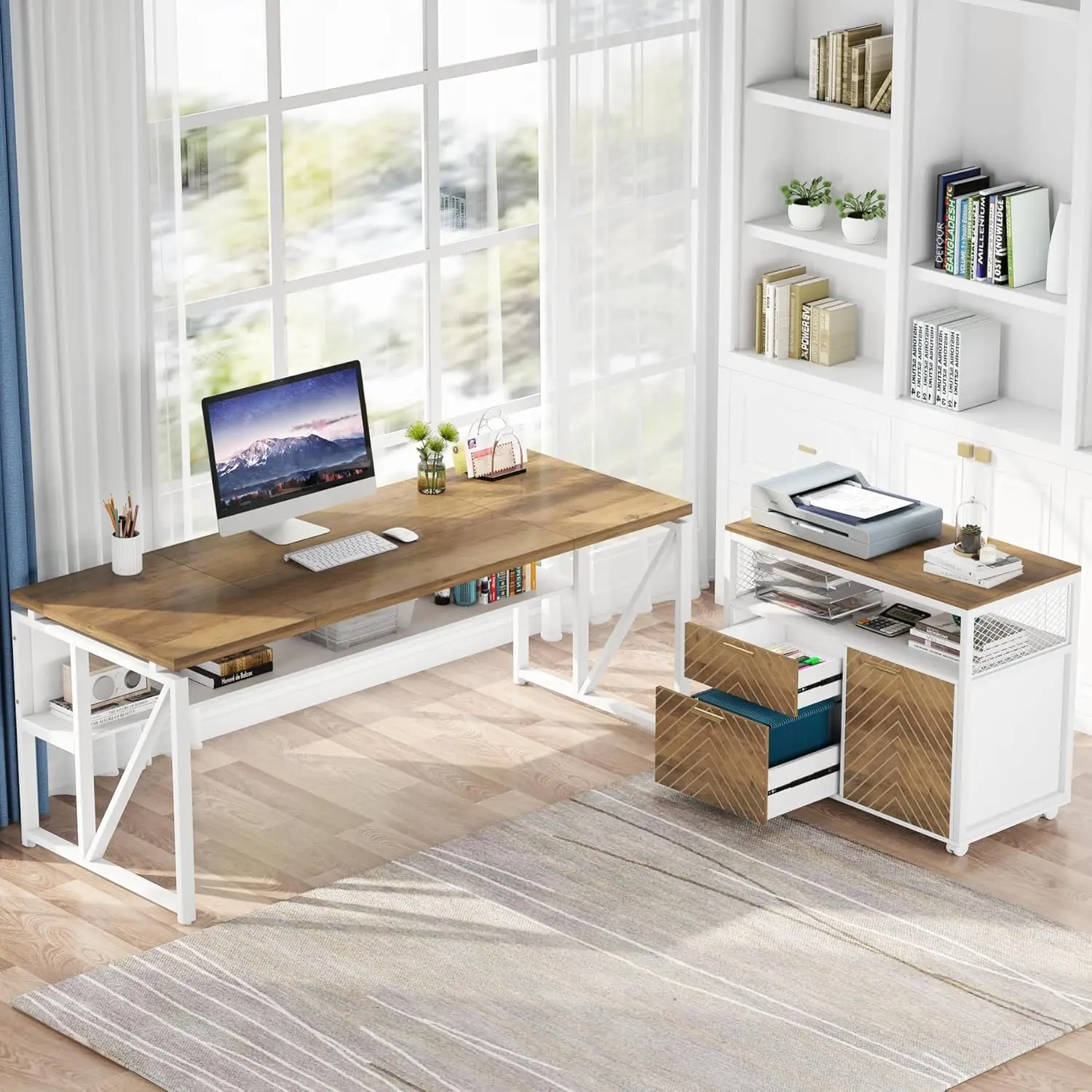 L Shaped Desk with Drawer Cabinet, 63" Executive Computer Desk and lateral File Cabinet, 2 Piece Home Office Furniture