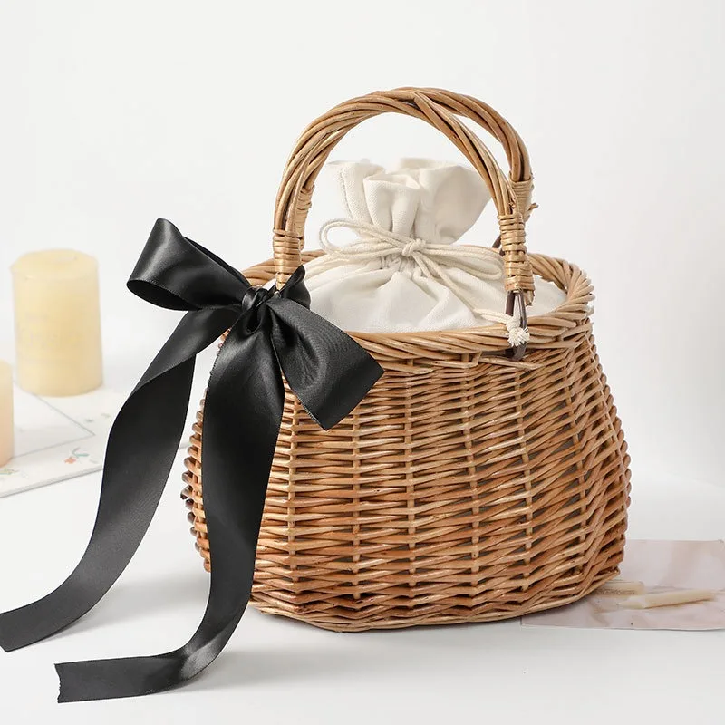 Wicker Flower Basket Rustic Style Woven Handbag Handmade Rattan Woven Trendy Concise Women Handbag Picnic Fabric Rattan Basket