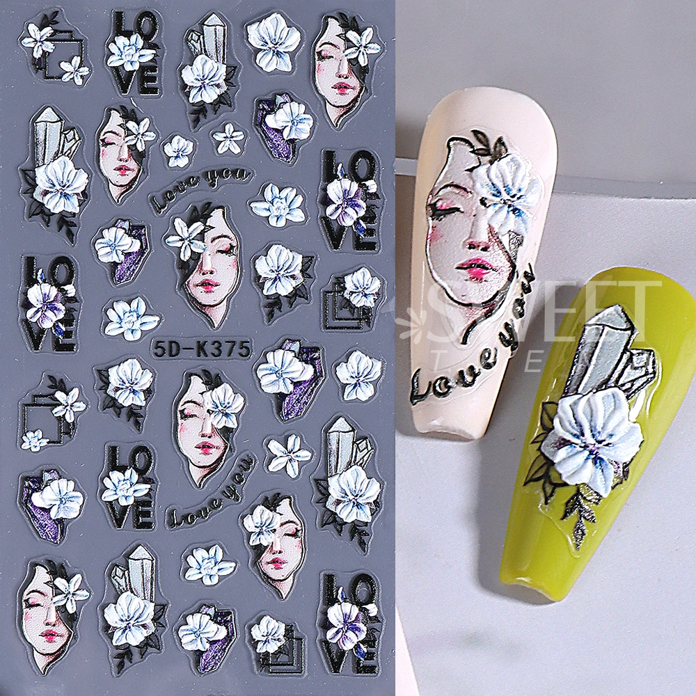 Purple Geometry Flower Nail Art Stickers 5D Embossed Self-Adhesive Rose Winter Nail Decals for Valentine's Day Manicure Decor