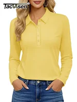 TACVASEN Women's Long Sleeve 5-Button Polo Shirts V-Neck Collared Tops Cotton Blend Casual Work Golf T-Shirts with Side Split