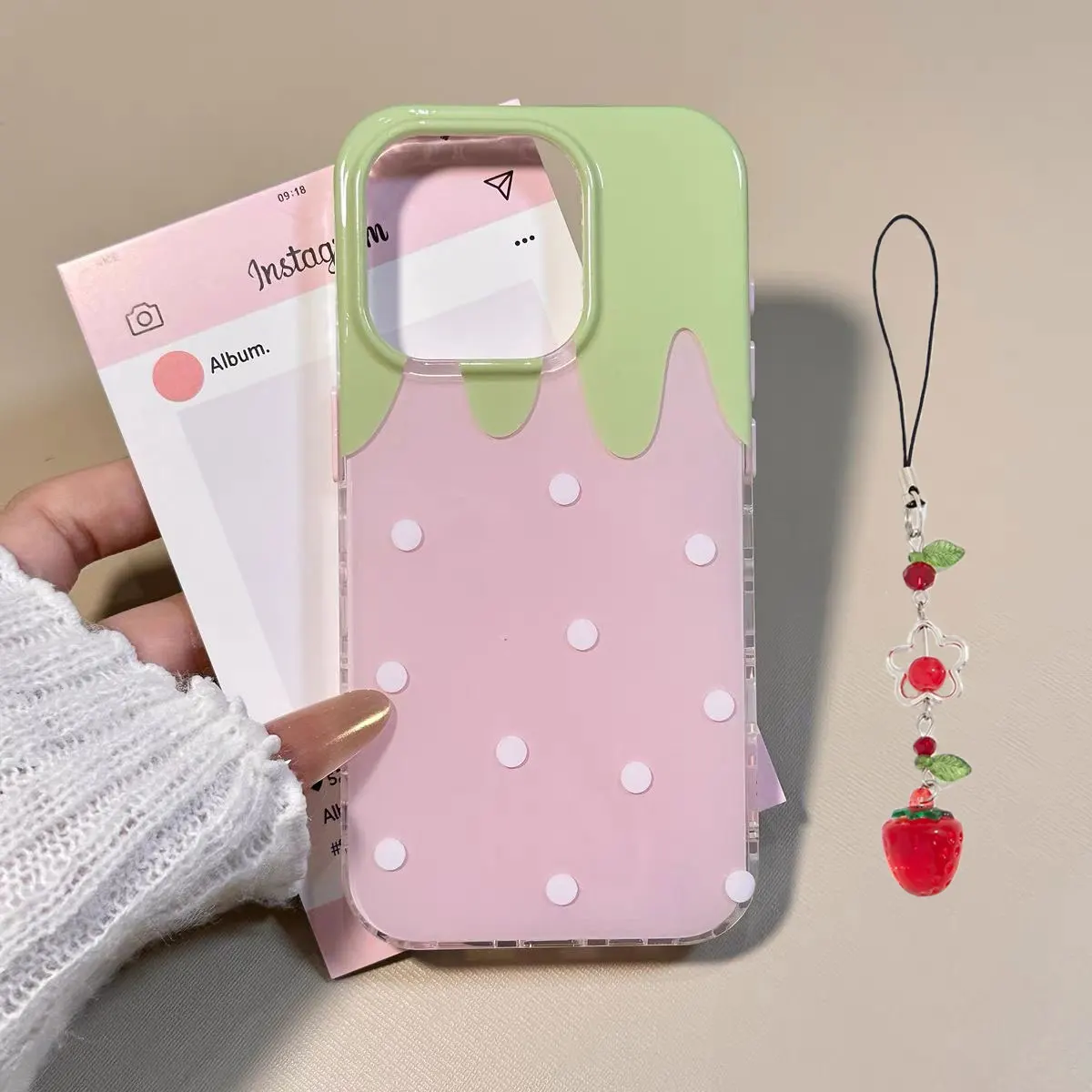 Korean Pink Cute Strawberry Polka Dot Bow Phone Case - Y2K Style Cover