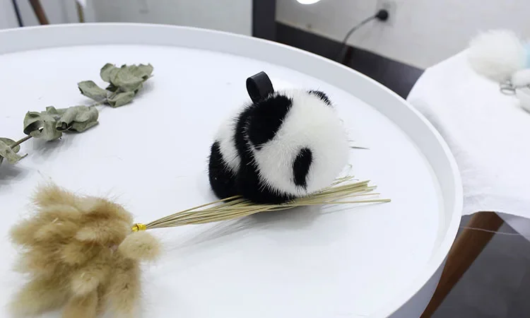 10CM Cute Panda Real Mink Fur Key Chains Plush Toy Pendant Kids School Bag Hanging Ornaments Women Car Keyring Trinkets Gift