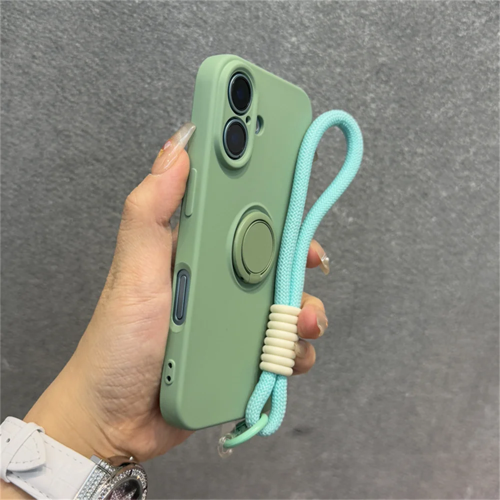 Luxury Solid Liquid Silicone Phone Case with Lanyard and Ring Holder - Matte Frosted Finish
