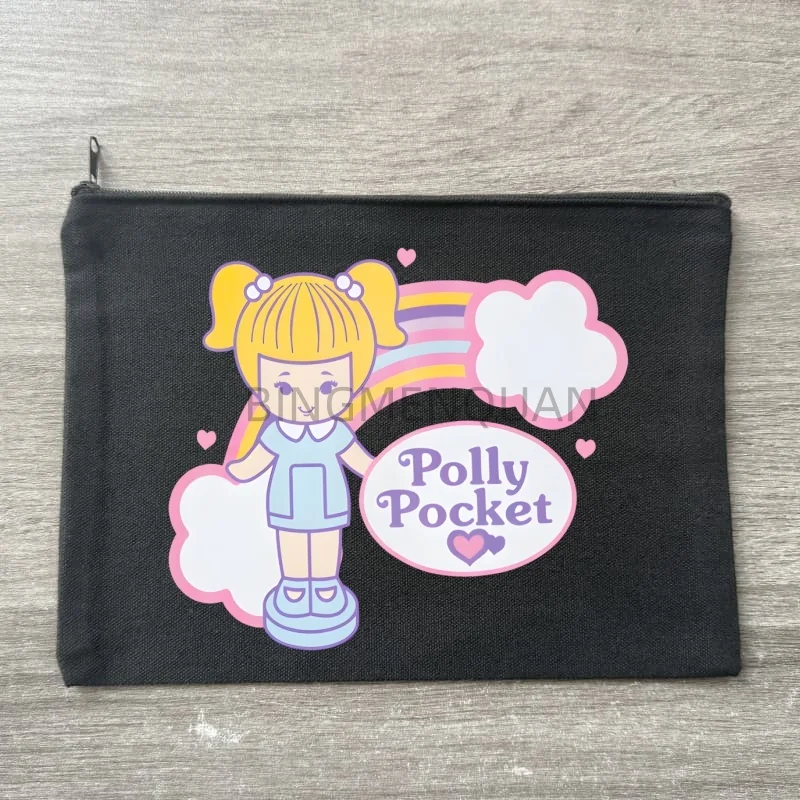 Kawaii Polly Pocket Canvas Aufbewahrungstasche Multifunktionale Schwarze Kosmetiktasche Reißverschluss-Federmäppchen für Schüler DIY – Detail 4