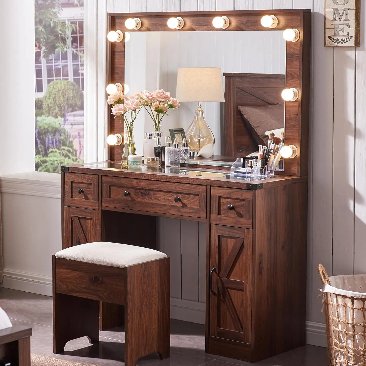 

Farmhouse Vanity Desk with Hollywood Makeup Mirror - Ample Storage Space with 3 Drawers&2 Cabinets-Detachable Light Bulbs, Stool