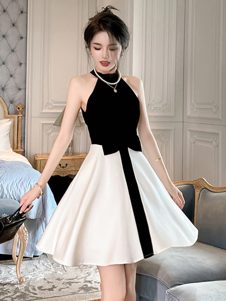 French Girl Princess Dress Black White Contrast Cute Kawaii Hanging Neck  Bow Tie Beautiful A Line Swing Gown Party Prom Vestidos - AliExpress