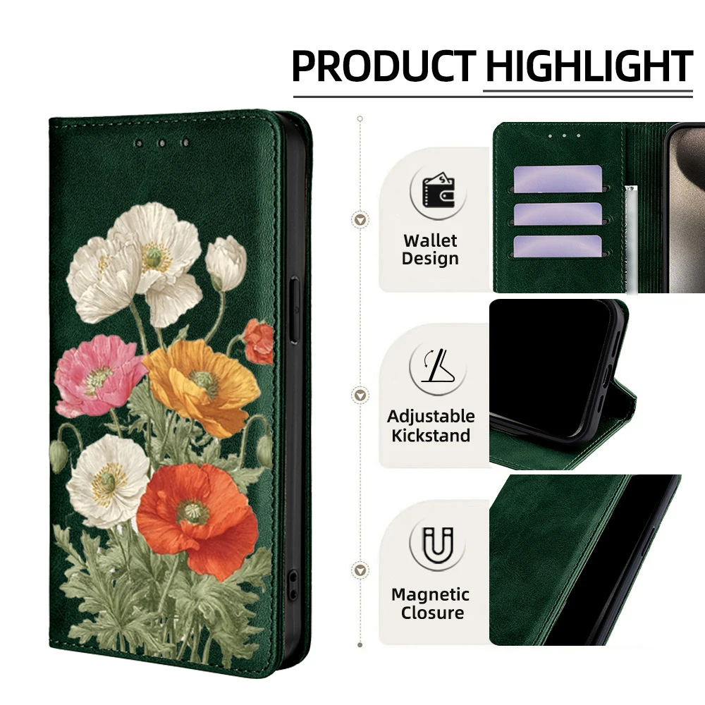Floral Pattern Magnetic Leather Flip Wallet Case with Card Slots Holster
