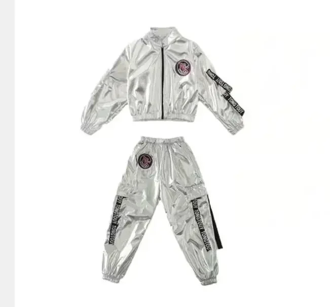 

1set/lot Boy girl Hip-hop Set Silver Color Jazz Dance Costume Children Performance jazz Clothes Dance Costume