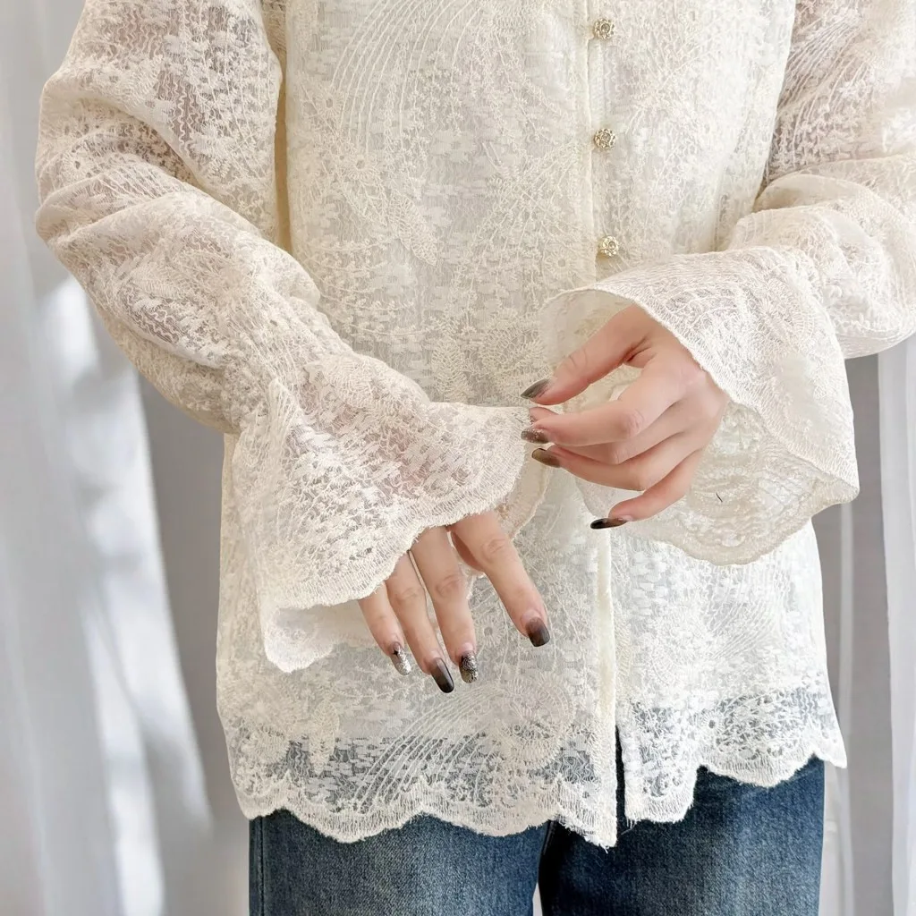 100kg Fashion Beaded Ruffles Collar Lace Long Sleeve Shirt Spring Plus Size Temperament Women Blouses 498