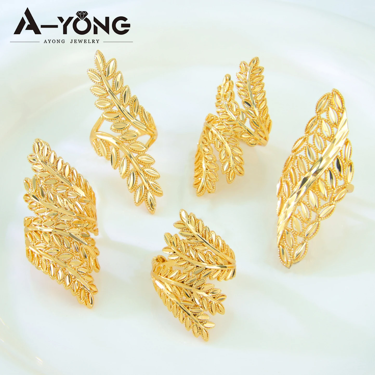 Arabische Braut-Vintage-Ringe, 21 Karat vergoldet, Dubai, elegante Blätter, hohler Cocktailring, Nigeria, Damenmode, Party-Schmuck – Detail 4